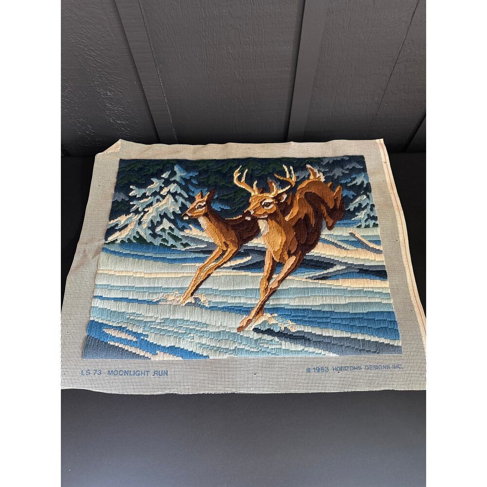 Vintage 1983 Moonlight Run Needlepoint Tapestry Deer Doe Buck Monarch Horizons - Picture 2 of 12